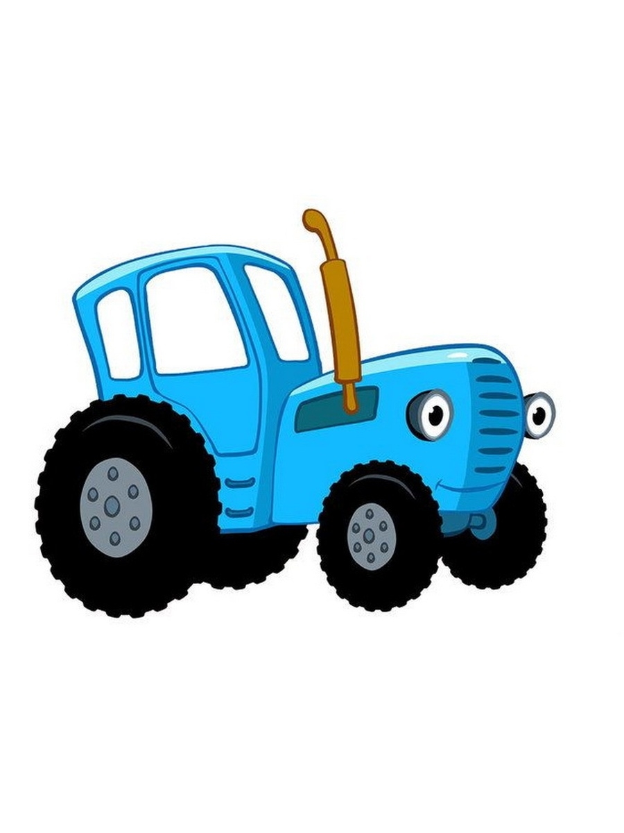 Синий трактор спереди с телегой на белом