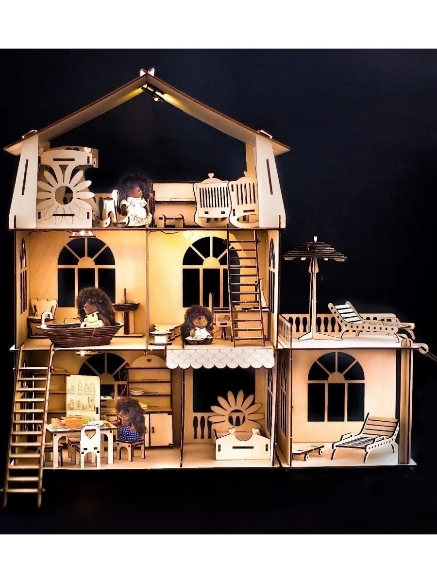 Кукольный домик деревянный+светодиодное освещение.