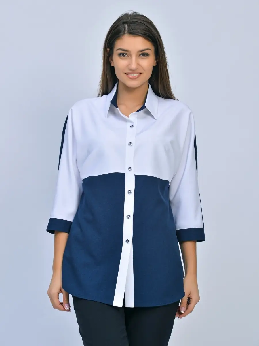 Блузка офисная больших размеров/Блуза рубашка двухцветная/Рубашкаклассическая большие размеры UNALAGUNA 43053201 купить в интернет-магазинеWildberries